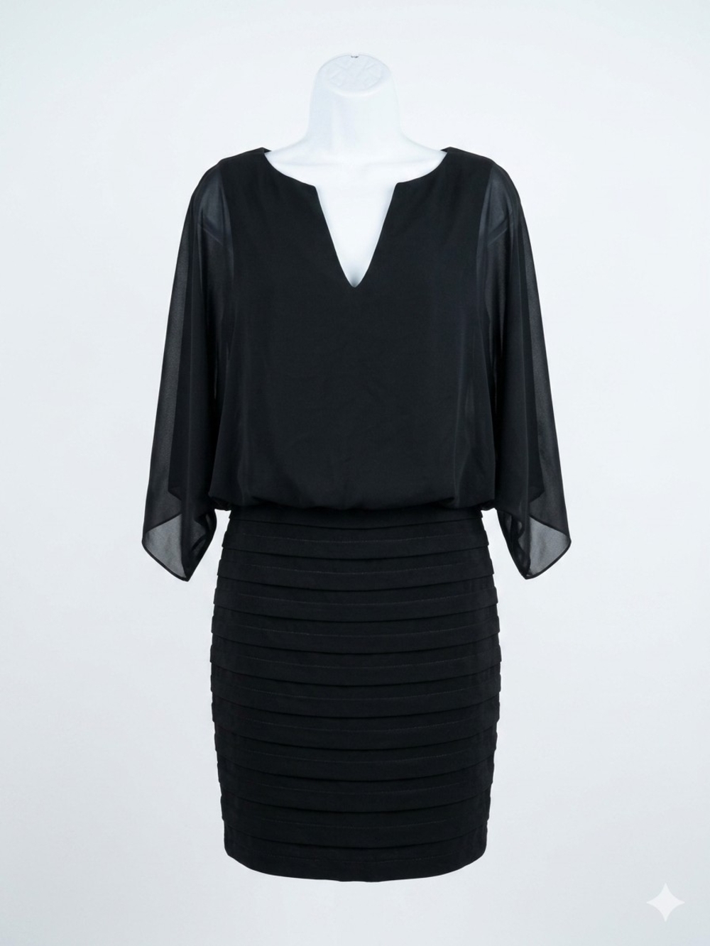 X. Caché Black Chiffon Blouson Tiered Dress Open Keyhole Back Size 2 Made in USA